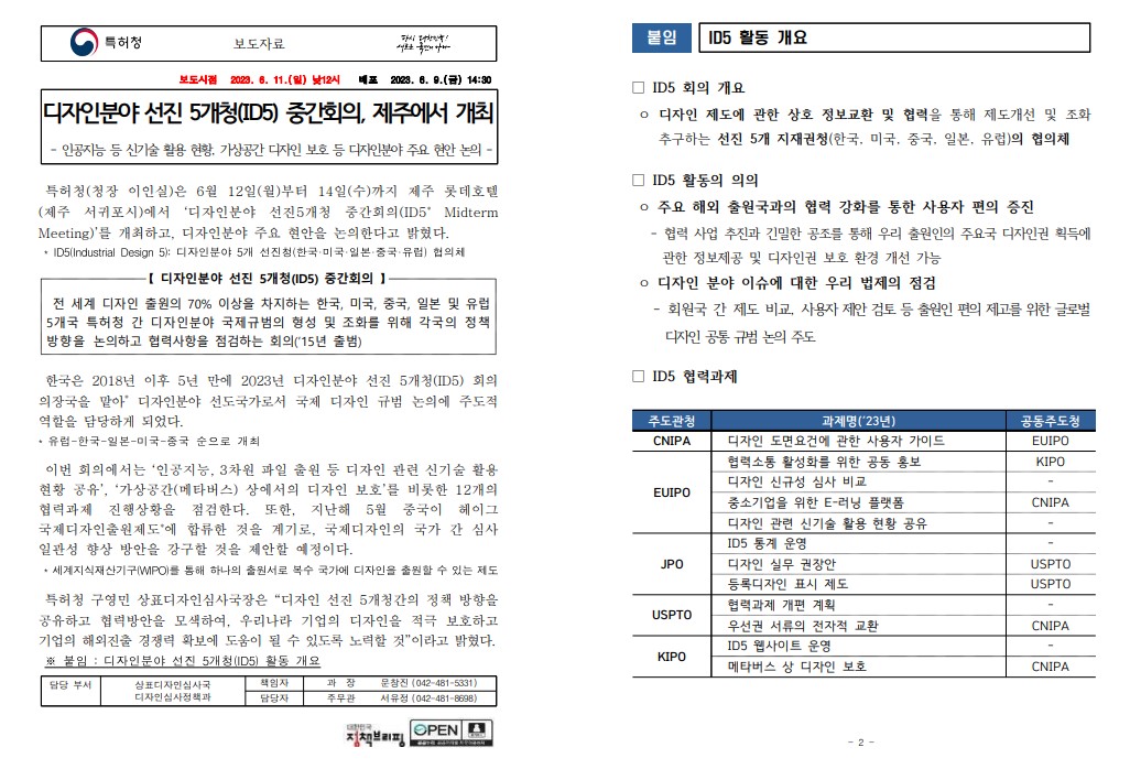 디자인분야 선진 5개청(ID5) 중간회의, 제주에서 개최